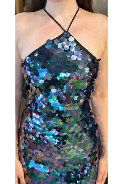 Abiyeniall Yeşil Stefanel Yaka Sırt Dekolteli Yırtmaçlı Düz Kesim Payet Midi Abiye Elbise 11042