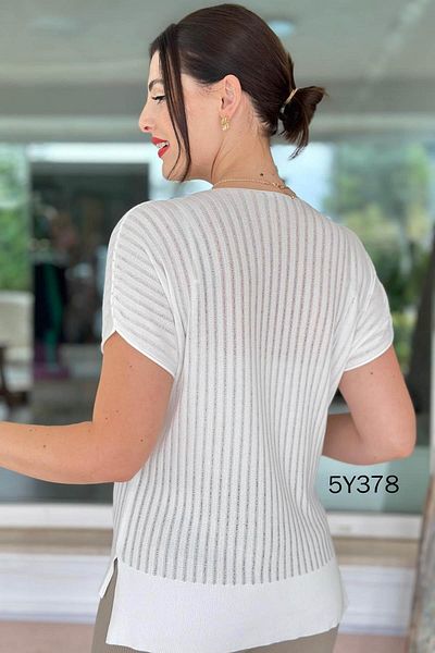 İnce Topuk V Neck Mesh Knit Mercerized Blouse 5Y378