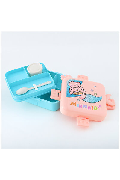 Fab N Funky Kids Lunch Box with Spoon and Container, Mermaid Theme, Spacious - Peach and Blue