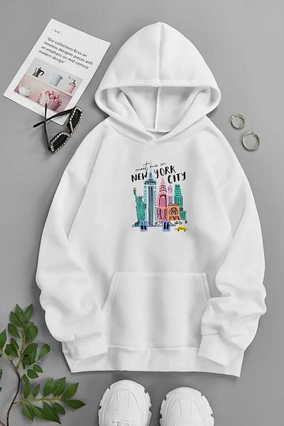 Sweetline Unisex White Hooded Sweatshirt – New York City, Printed Thick Fabric