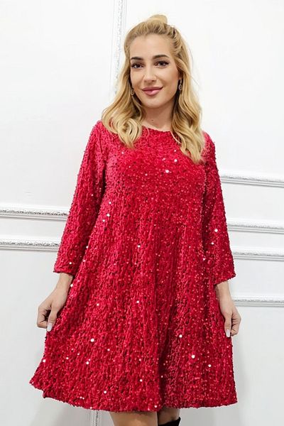 FashionForYou Tamina flared evening dress, with sequins and oversized bow at the back, Red, Size S/M/L