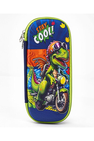 Bonfino Dino Theme Pencil Case with Internal Mesh Pocket, Sturdy, Robust Construction - Blue