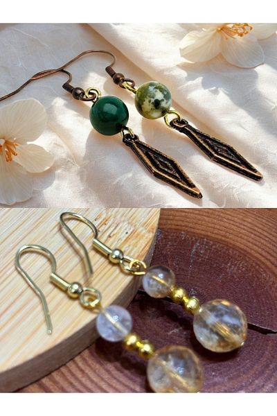 ayrestyle Indian Akiki & Citrine Natural Stone 2-Piece Dangle Dark Copper Color Zamak Plated Long Earrings