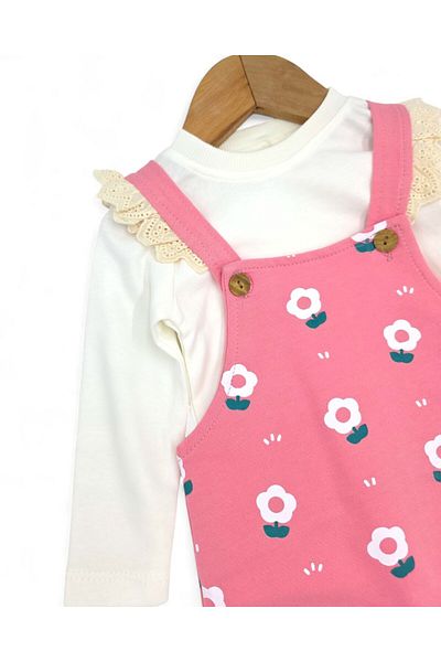 Ege Bebek Baby Girl 6-24 Months Daisy Printed 2 Piece Gardener Salopet Jumpsuit and Underwear Jumpsuit Set Set