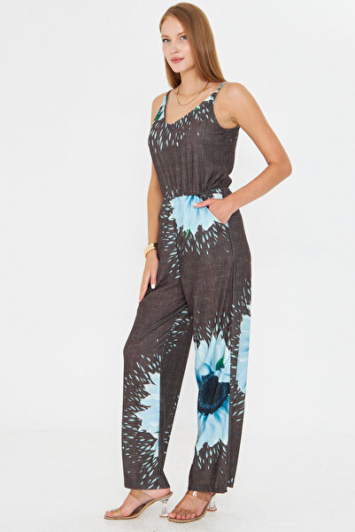 armonika Women's Mint Front Back V Strap Jumpsuit with Elastic Waist and Pockets Arm-25Y001035