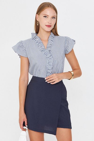 armonika Women's Dark Navy Blue Collar and Ruffled Sleeves Blouse Arm-25Y001028