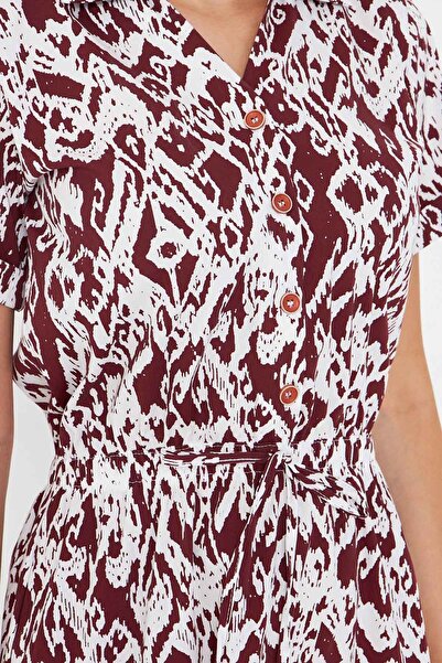 armonika Women's Coffee Elastic Waist Patterned Short Sleeve Shirt Dress Arm-23Y001079