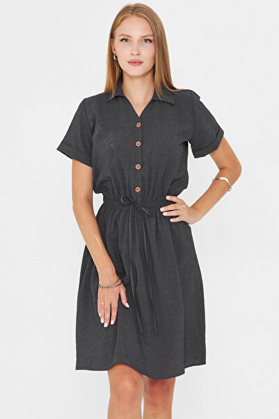 armonika Women's Smoked Elastic Waist Short Sleeve Shirt Dress Arm-23Y001035