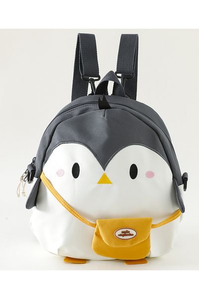 Fab N Funky Kids Backpack with Pouch, Penguin Theme, Single Compartment, White and Black - 14 Inches