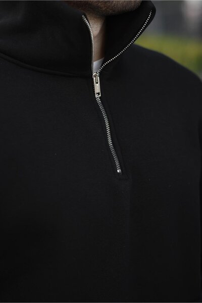 Madmext Siyah Fermuarlı Dik Yaka Kanguru Cep Erkek Sweatshirt E7159