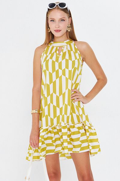 armonika Women's Oil Green Halter Neck Ruffle Hem Mini Dress Arm-25Y001097