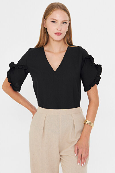 armonika Women Black V Neck Ruffled Short Sleeve Blouse Arm-25Y001090