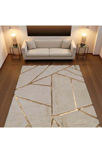deco marié Altın Detaylı Krem Yumuşak Peluş Halı - Şık Salon Halısı
