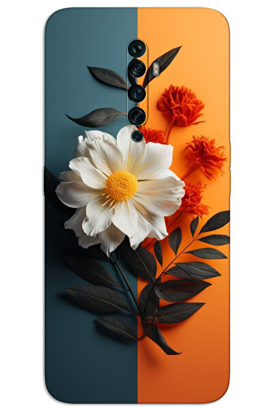 MRCİLETİSİM Oppo Reno 2Z Kılıf HD Desen Baskılı Arka Kapak - Beyaz Turuncu Çiçek