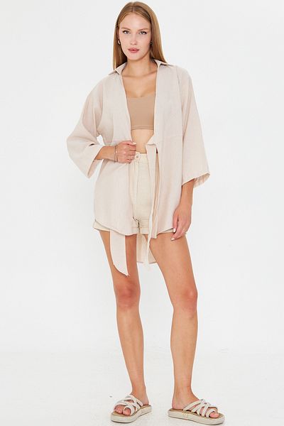 armonika Women's Light Beige Striped Front Tie Kimono Shirt Arm-25Y001085