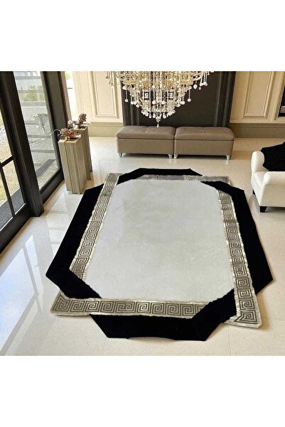 deco marié Siyah Şeritli Beyaz Peluş Halı - Yumuşak Salon Halısı