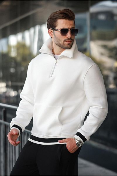 Madmext Ecru Zippered Stand Collar Kangaroo Pocket Men's Sweatshirt E7159