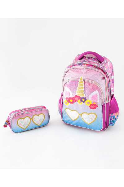 Fab N Funky Kids Backpack with Pencil Pouch, Heart Theme, Padded Straps, Pink, Pack of 2 - 17 Inches