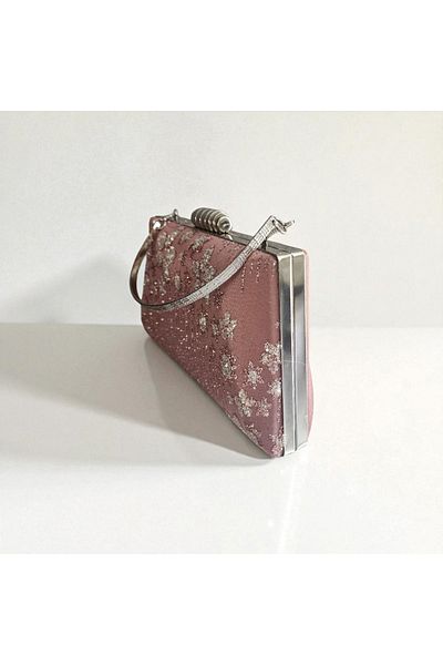 Telli Art Pink Patterned Fabric Clutch – Sparkling Evening Bag with Silver Case 14×22