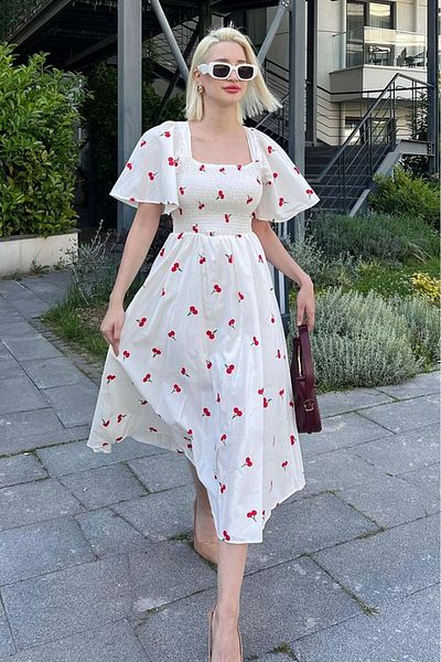 GALAVİP White Cherry Patterned Midi Dress with Elastic Waist