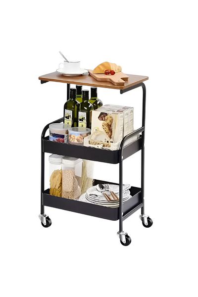 Herum Table with 2 storage shelves, MDF top, wheels, Herum, Black/Brown, 43 x 30 x 77 cm