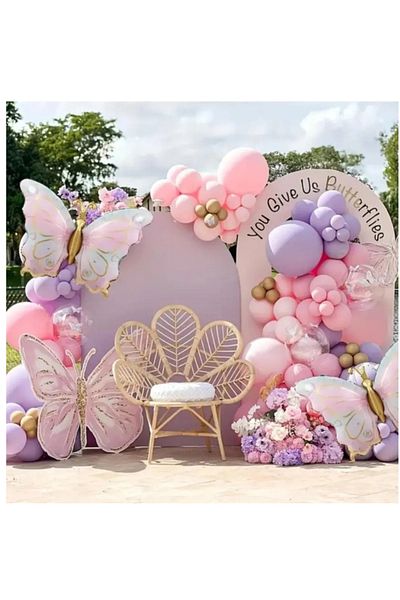 ATAKENT PARTİ Retro Butterfly Foil Balloon Pink Lila Gold Balloon Chain ​​Birthday Party Set