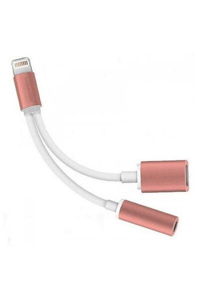 SOHO Adaptor 2 in 1 iPhone, iPad, 3.5 mm jack, Lighthing, casti si charger, Alb cu Roz