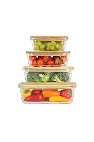 Blackstone 4‑Piece Glass Food Container Set (370ml, 640ml, 1040ml, 1520ml) – Wooden Lid & Silicone Seal