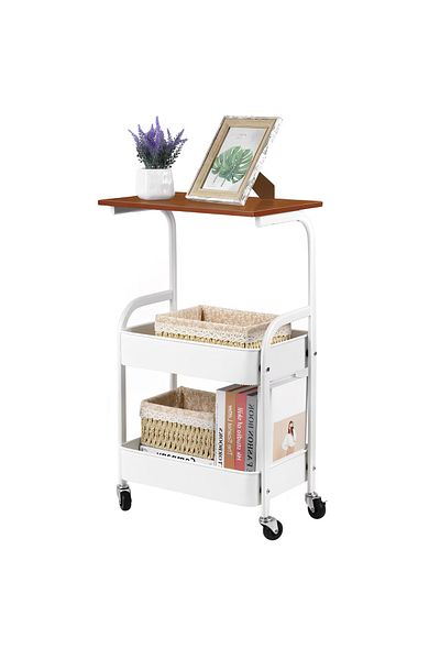 Herum Table with 2 storage shelves, MDF top, wheels, Herum, White/Brown, 43 x 30 x 77 cm
