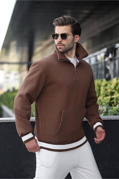 Madmext Brown Zippered Stand Collar Kangaroo Pocket Men's Sweatshirt E7159