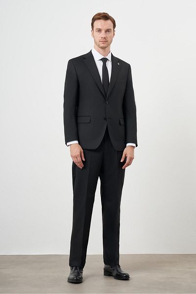 Morven Men's Black Wool Platinum Plain Pattern Dynamic Fit Mono Collar Suit
