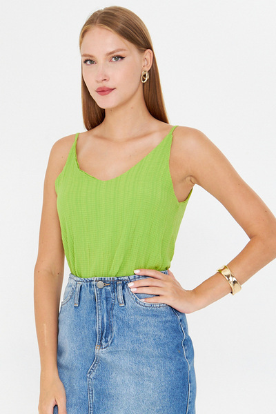 armonika Women's Pistachio Green Linen Look Strap Blouse Arm-24Y001064