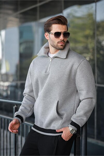 Madmext Grimelanj Zippered Stand Collar Kangaroo Pocket Men's Sweatshirt E7159
