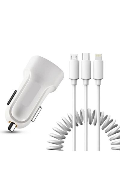 SOHO Încărcător auto 2.4 A 2x USB cu cablu 3-în-1, 1x USB-C, 1x Lightning, 1x MicroUSB, 1m, alb