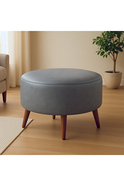 Azra Mobilya Gri Yuvarlak Deri Puf – 60 cm Çap, 46 cm Yükseklik, Modern Ceviz...