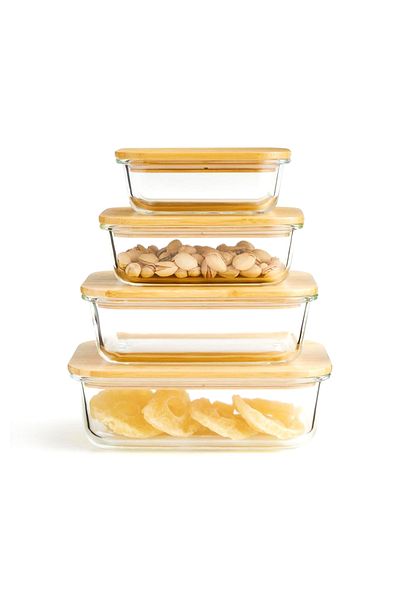 Blackstone 4‑Piece Glass Food Container Set (370ml, 640ml, 1040ml, 1520ml) – Wooden Lid & Silicone Seal