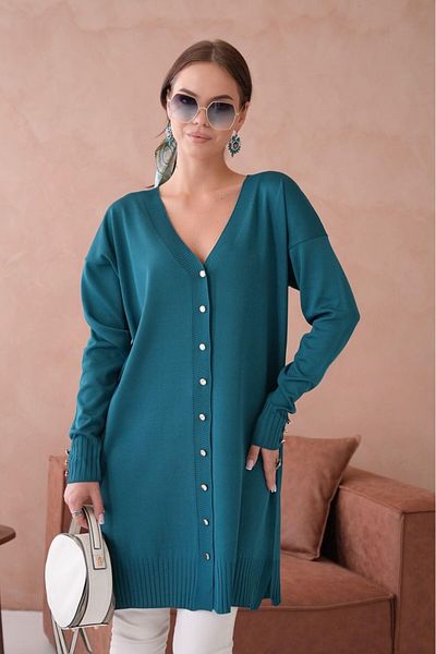 FLEX FASHION Women's Trend Thin Textured V-Neck 85 cm Pocketless Popular Long Cardigan (Petrol)