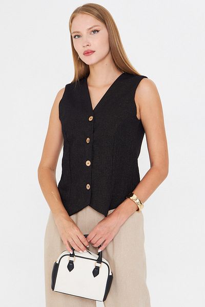 armonika Women's Gold V-Neck Body Fitting Linen Look Lined Vest Arm-24Y001111