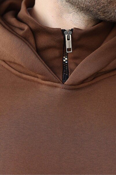 Madmext Кафяво мъжко суитшърт с качулка и цип с десен на яката E7162