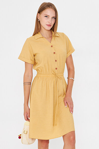 armonika Kadın Sarı Beli Lastikli Kısa Kol Gömlek Elbise ARM-23Y001035