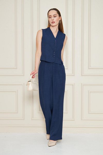 SheBoss Linen Vest Suit Navy Blue
