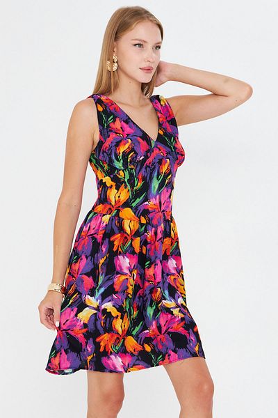 armonika Women's Orange V-Neck Corset Detailed Zipper Dress Arm-25Y001075