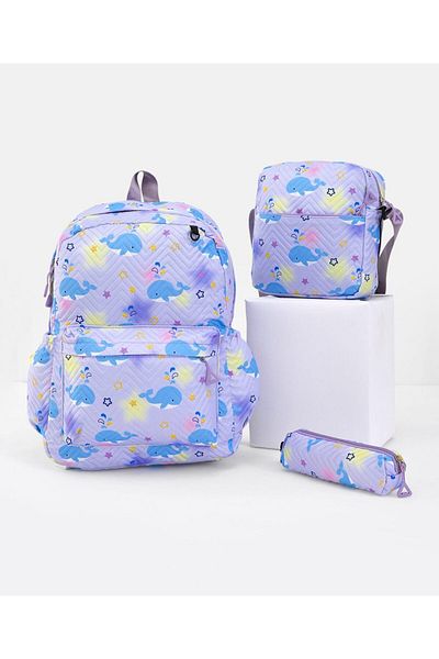 Fab N Funky All Over Shark Printed Backpack Lunch Bag and Pencil Case Set, Grey - 17 Inches