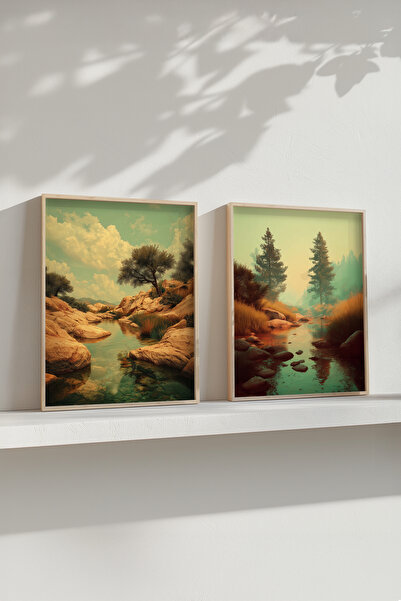 STARYUNA Set de pictură dublă cu vedere la natură cu rame din lemn, decor pen...