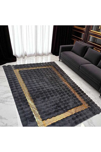 deco marié Altın Şeritli Koyu Gri Modern Peluş Halı, Lüks Ev Halısı, Kaymaz T...