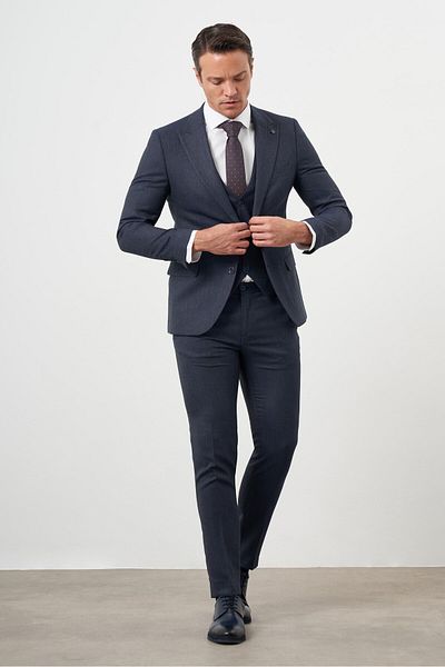 Morven Men's Navy Blue Polyviscon Trend Vest Patterned Slim Fit Pointed Collar Suit