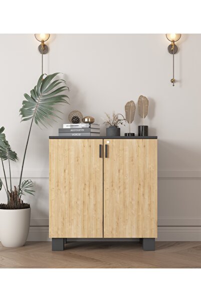 ESYAH Antrasit Safir Meşe Kapak 2 Kapaklı Çok Amaçlı Dekoratif Modern Ofis Do...