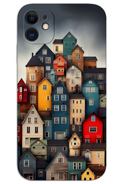 MRCİLETİSİM غطاء خلفي مطبوع بنمط HD لهاتف iPhone 12 - منازل ملونة