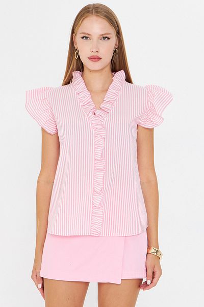 armonika Women's Pink Collar and Ruffled Sleeves Blouse Arm-25Y001028