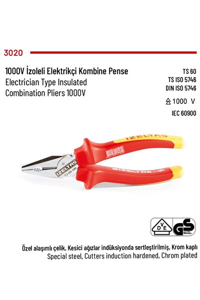 İzeltaş 1000V İzoleli Elektrikçi Pense 180mm